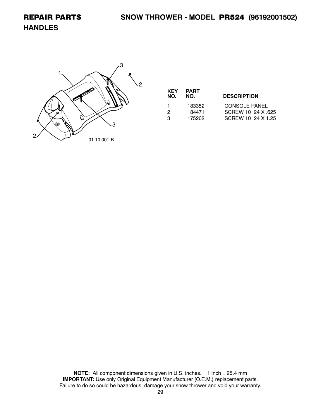 Poulan 421104 owner manual Console Panel 