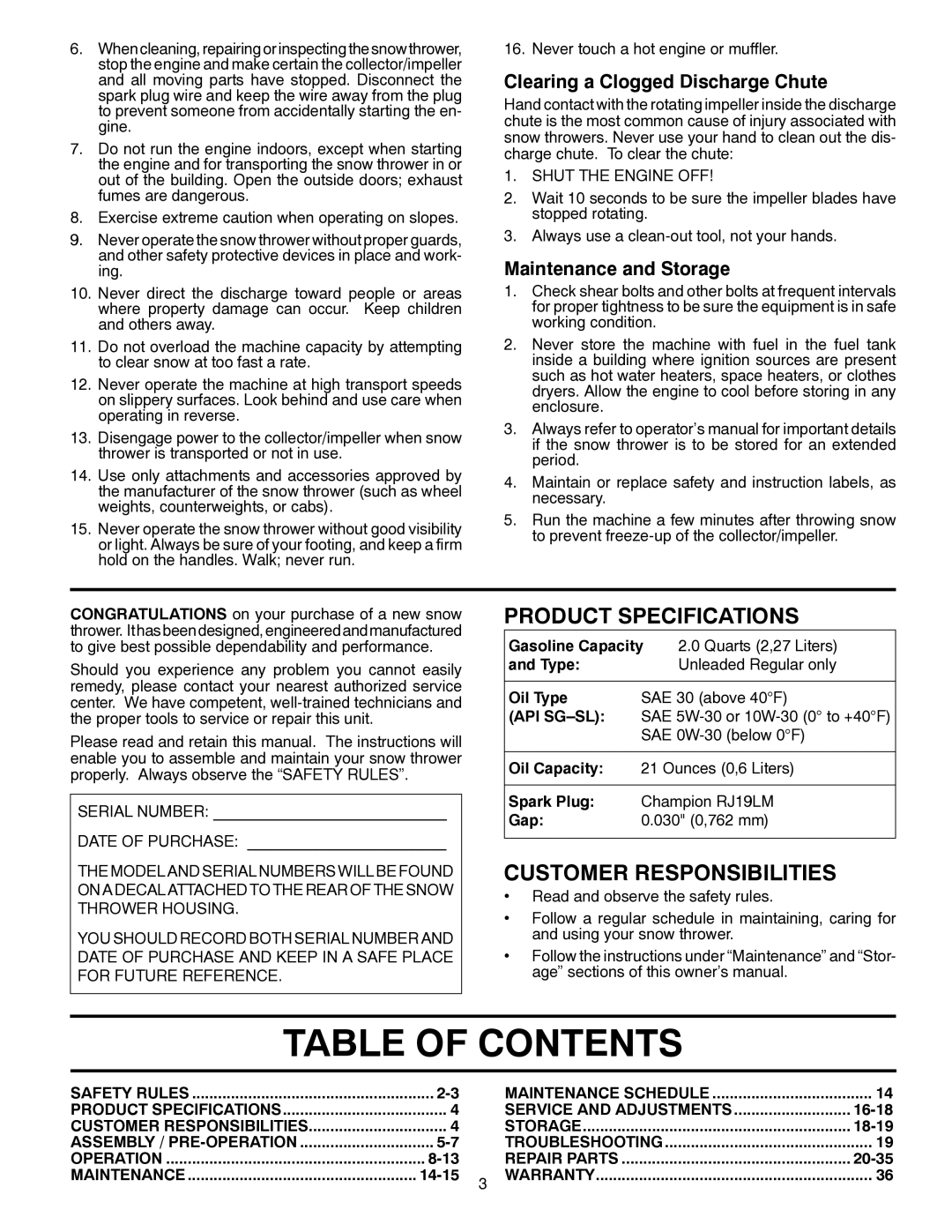 Poulan 421104 owner manual Table of Contents 