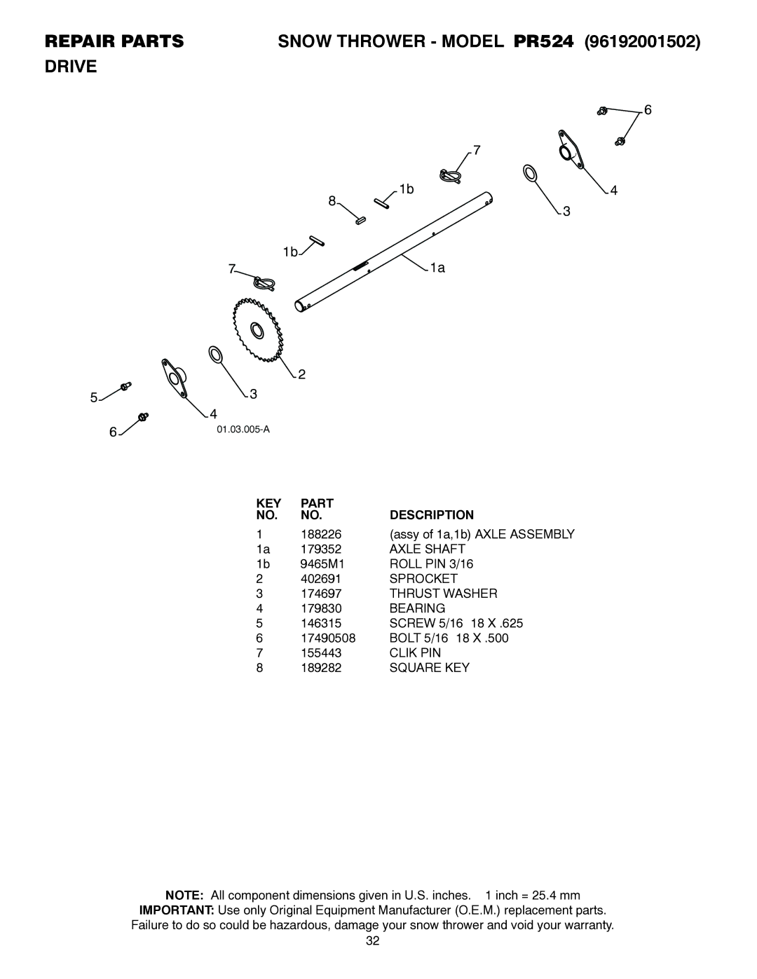 Poulan 421104 owner manual Axle Shaft, Roll PIN 3/16, Sprocket, Clik PIN 