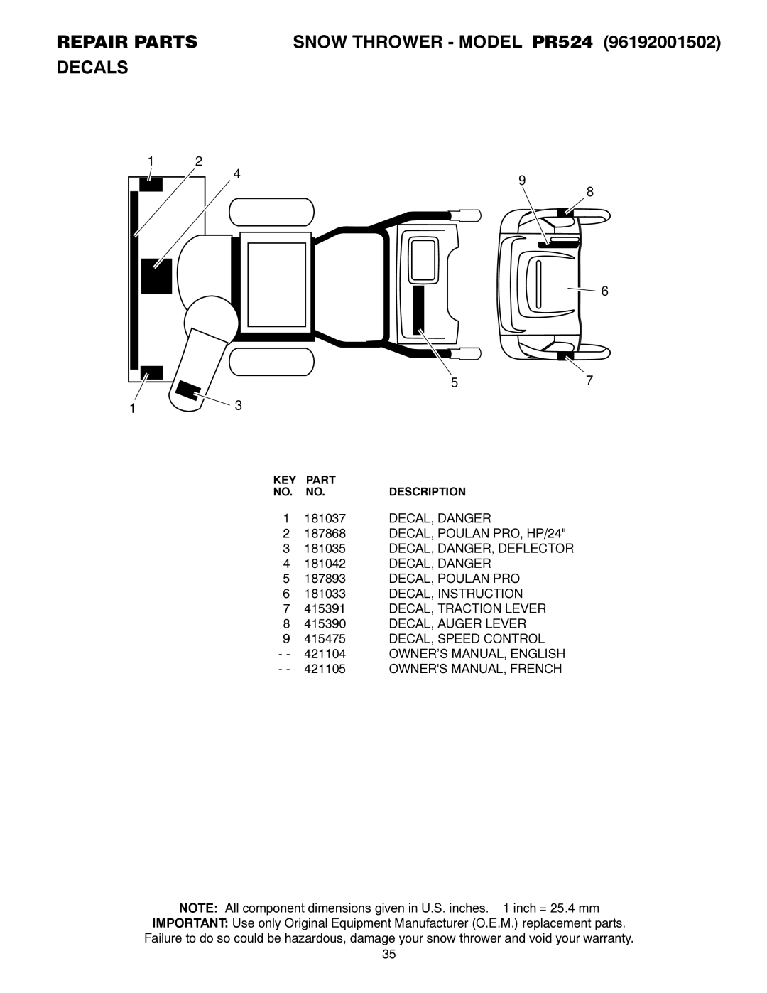 Poulan 421104 DECAL, Danger, DECAL, Poulan PRO, HP/24, DECAL, DANGER, Deflector, DECAL, Instruction, DECAL, Traction Lever 