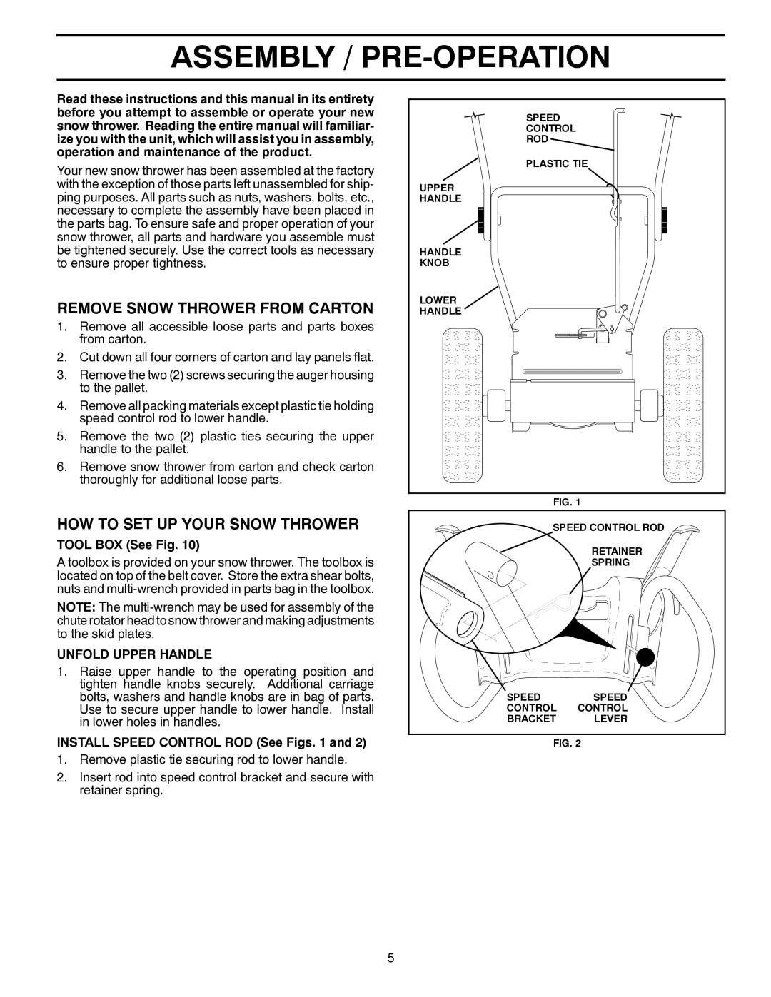 Poulan 421104 owner manual Assembly / PRE-OPERATION, Remove Snow Thrower from Carton, HOW to SET UP Your Snow Thrower 