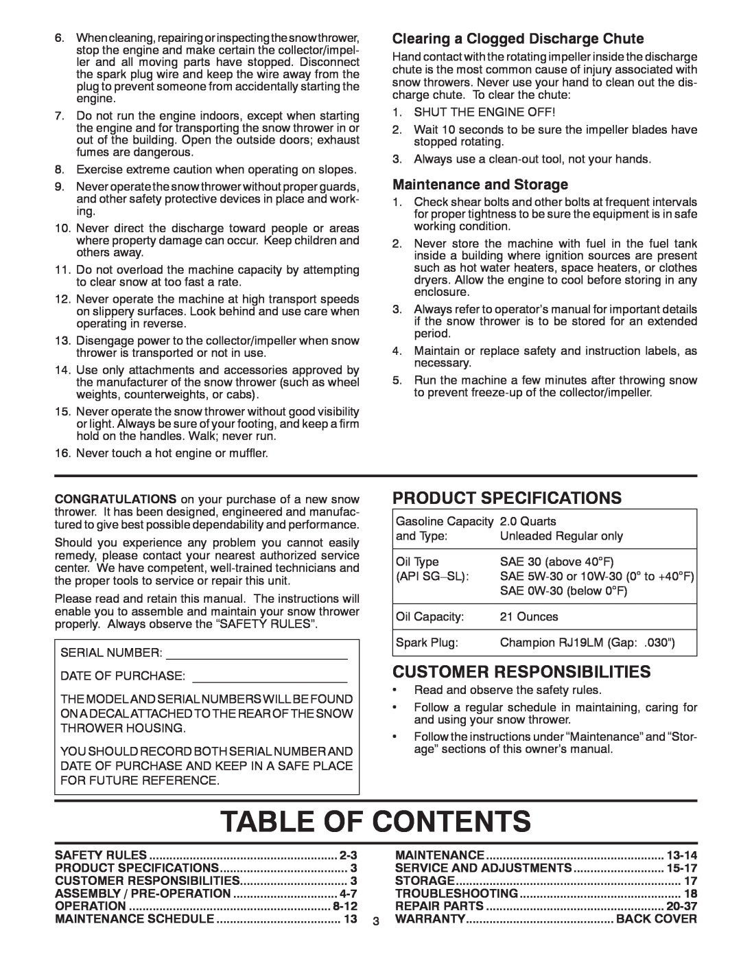Poulan 421283 Table Of Contents, Product Specifications, Customer Responsibilities, Clearing a Clogged Discharge Chute 