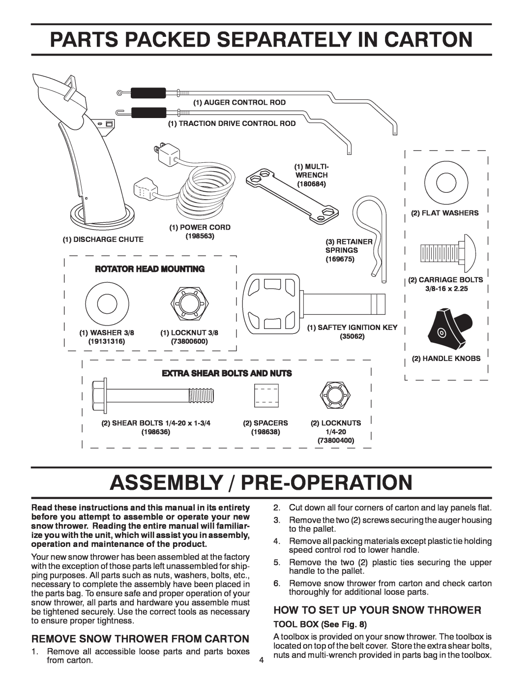 Poulan 421283 owner manual Parts Packed Separately In Carton, Assembly / Pre-Operation, How To Set Up Your Snow Thrower 