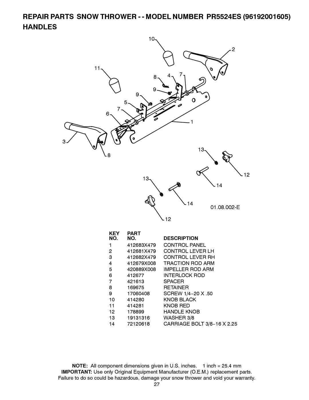 Poulan 421283 owner manual Spacer, Retainer, Knob RED, Handle Knob, Washer 3/8 