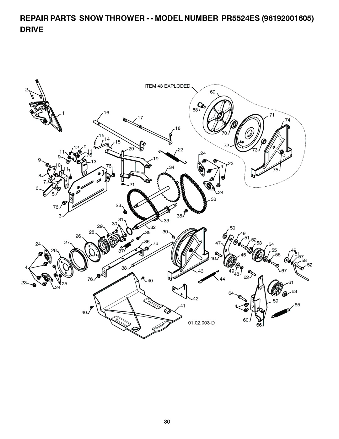 Poulan 421283 owner manual Repair Parts Snow Thrower - Model Number PR5524ES Drive 