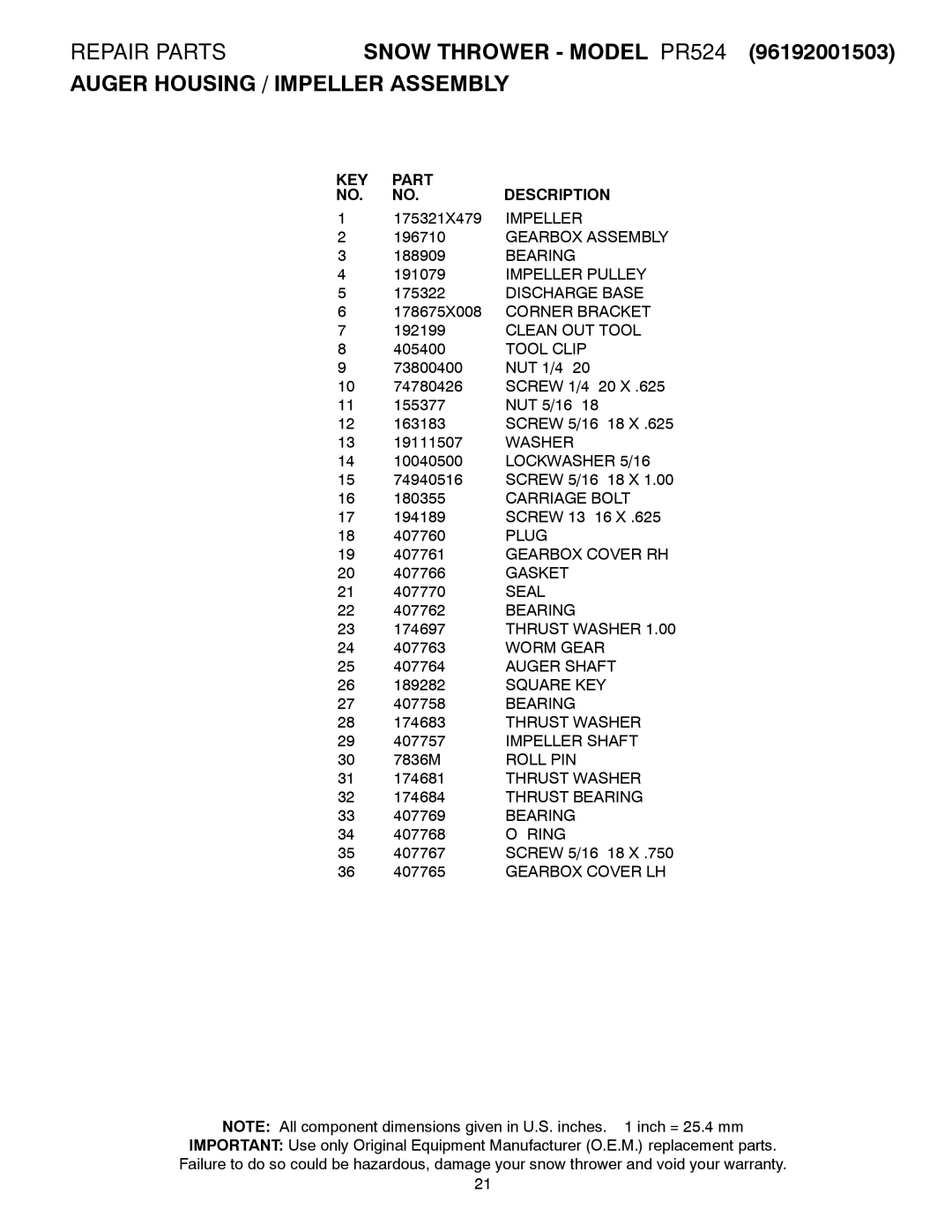 Poulan 421466 owner manual KEY Part Description 