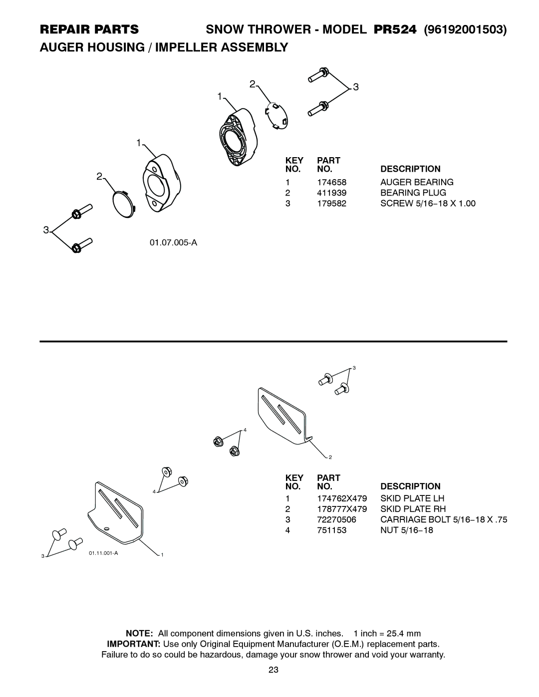 Poulan 421466 owner manual Auger Bearing, Bearing Plug 