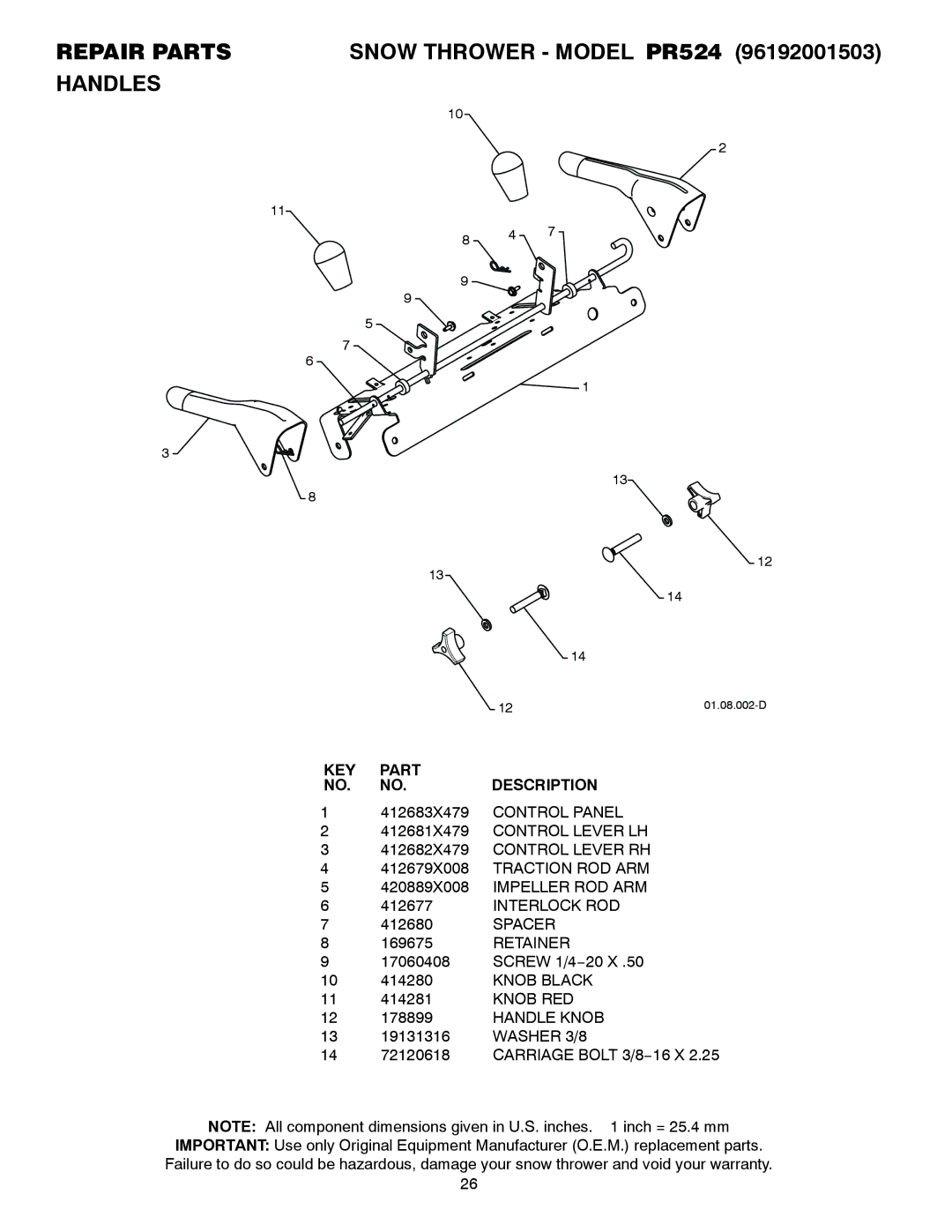 Poulan 421466 owner manual Spacer, Retainer, Knob RED, Handle Knob, Washer 3/8 