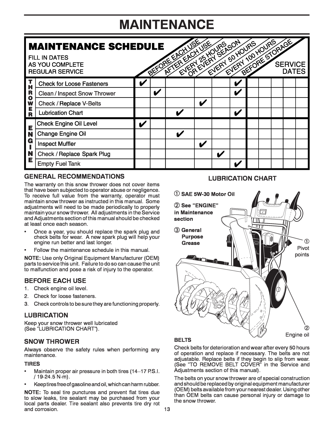 Poulan 421469 Maintenance, General Recommendations, Lubrication Chart, Before Each Use, Snow Thrower, Tires, Belts 
