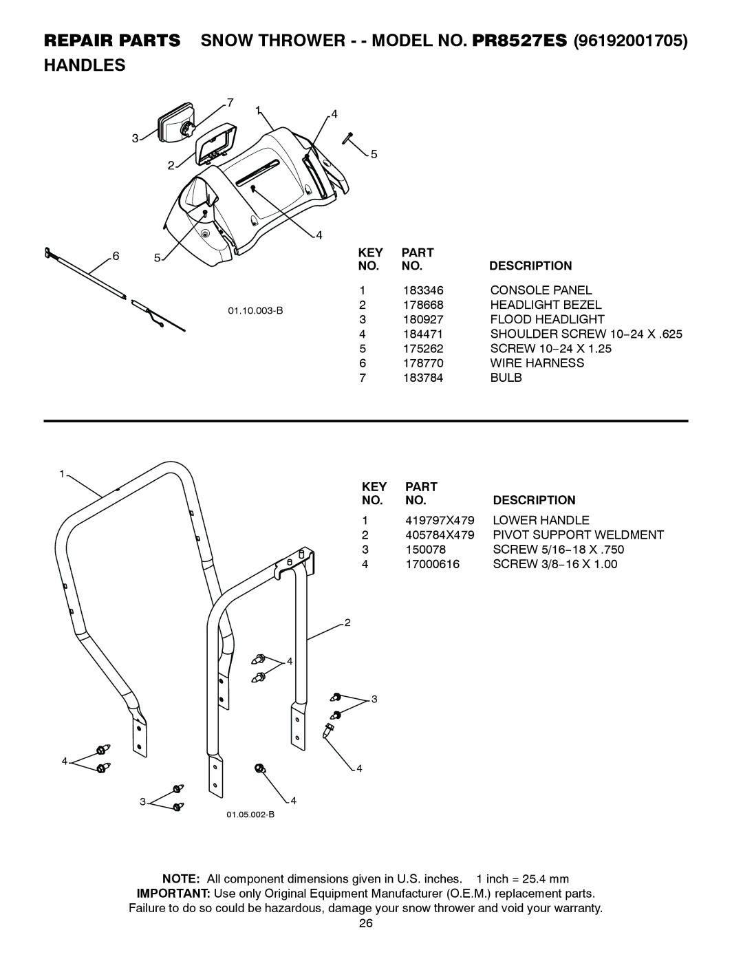 Poulan 421469 owner manual Repair Parts Snow Thrower - Model NO. PR8527ES Handles 