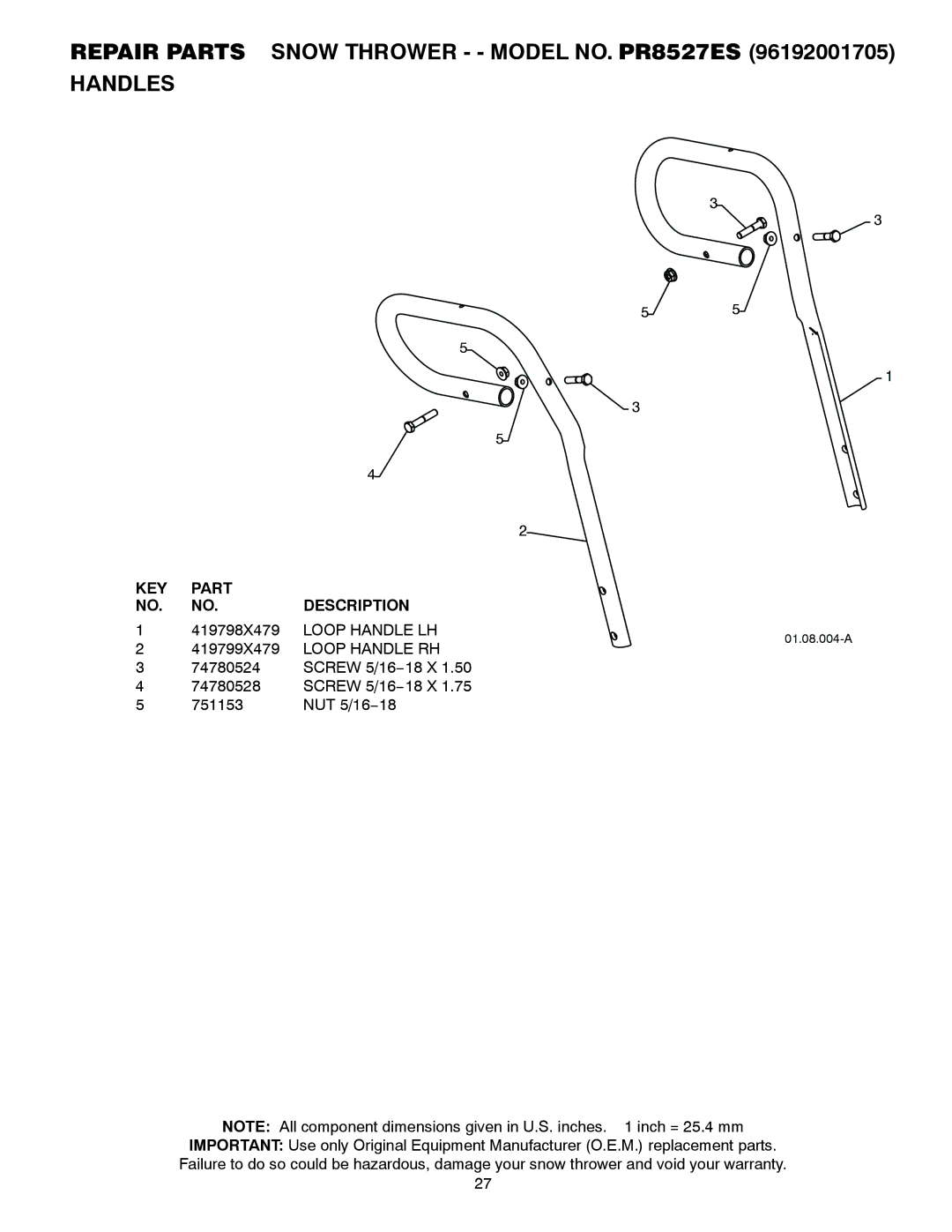 Poulan 421469 owner manual Loop Handle LH, Loop Handle RH 