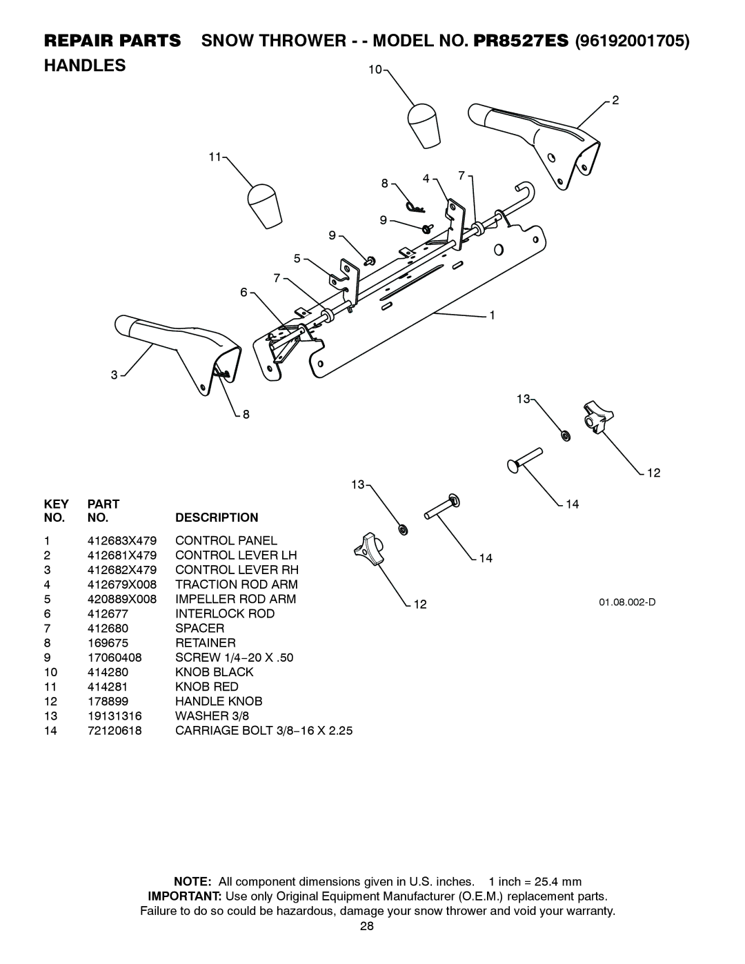 Poulan 421469 Control Panel, Control Lever LH, Control Lever RH, Traction ROD ARM, Impeller ROD ARM, Interlock ROD, Spacer 