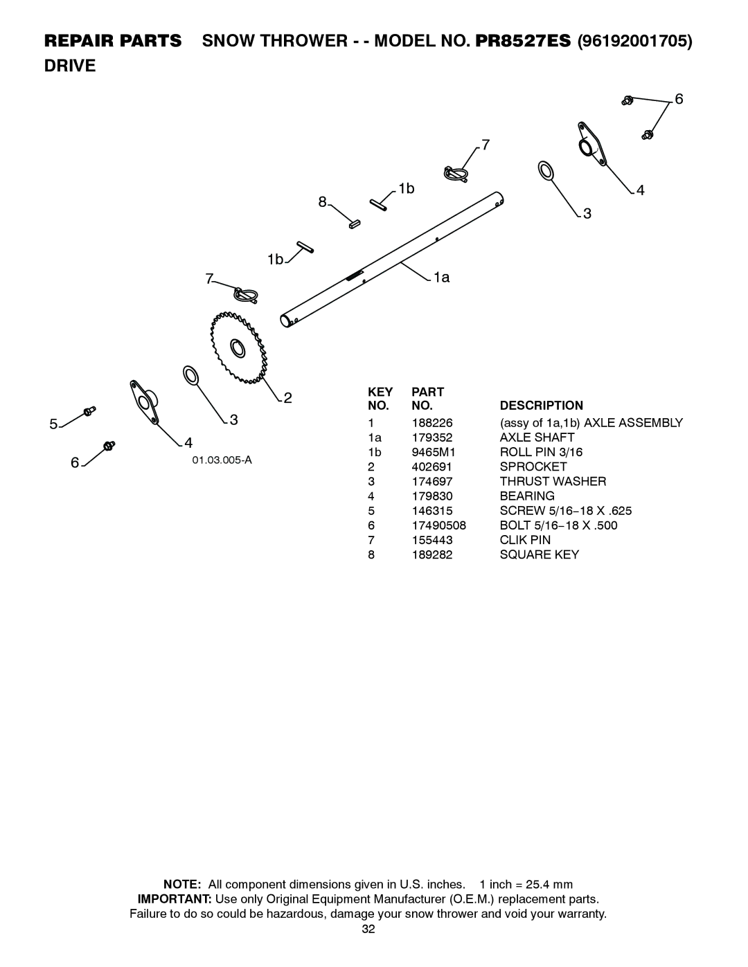 Poulan 421469 owner manual Axle Shaft, Roll PIN 3/16, Sprocket, Clik PIN 