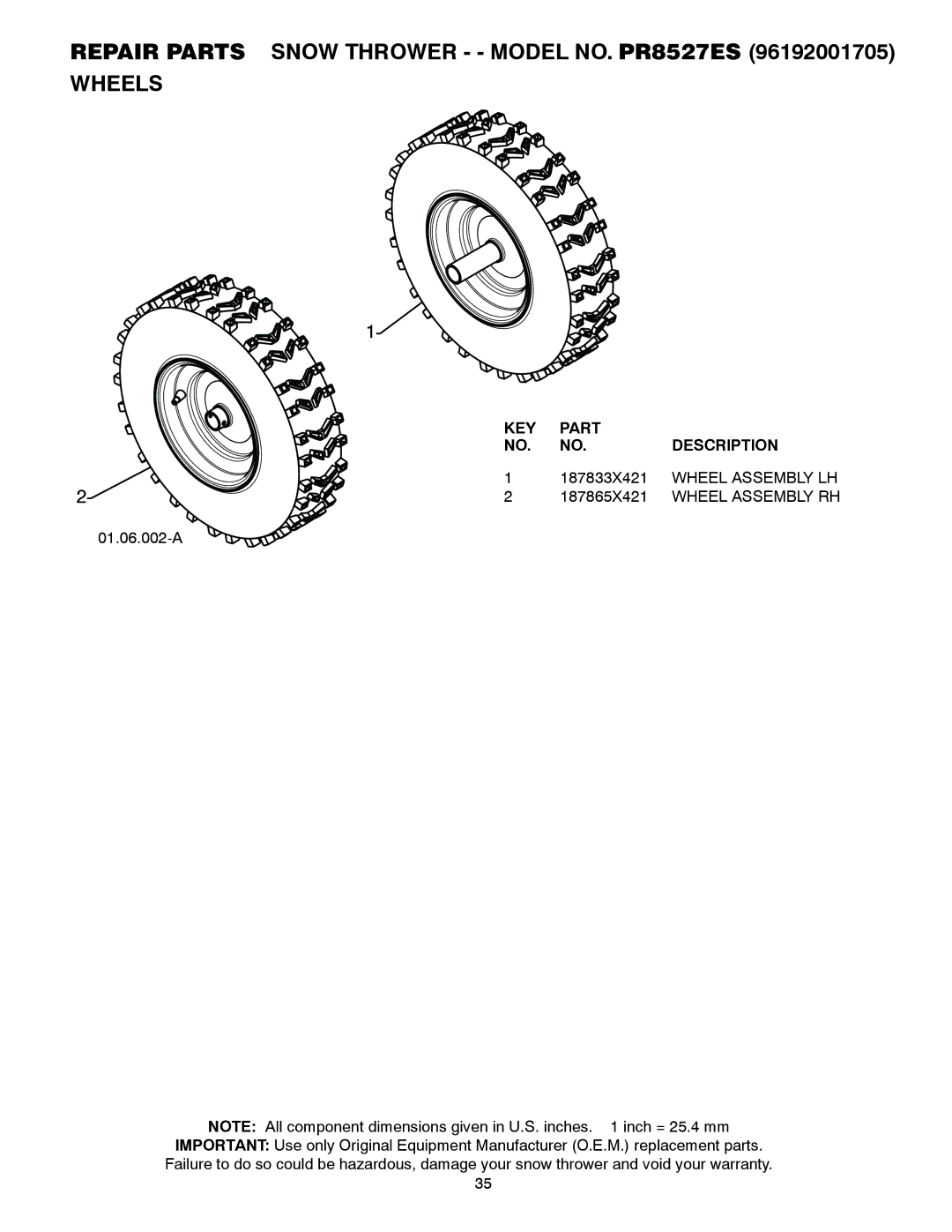 Poulan 421469 owner manual Repair Parts Snow Thrower - Model NO. PR8527ES Wheels, Wheel Assembly LH 