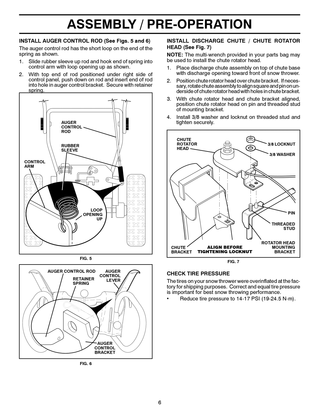 Poulan 421469 owner manual Install Auger Control ROD See Figs, Install Discharge Chute / Chute Rotator Head See Fig 