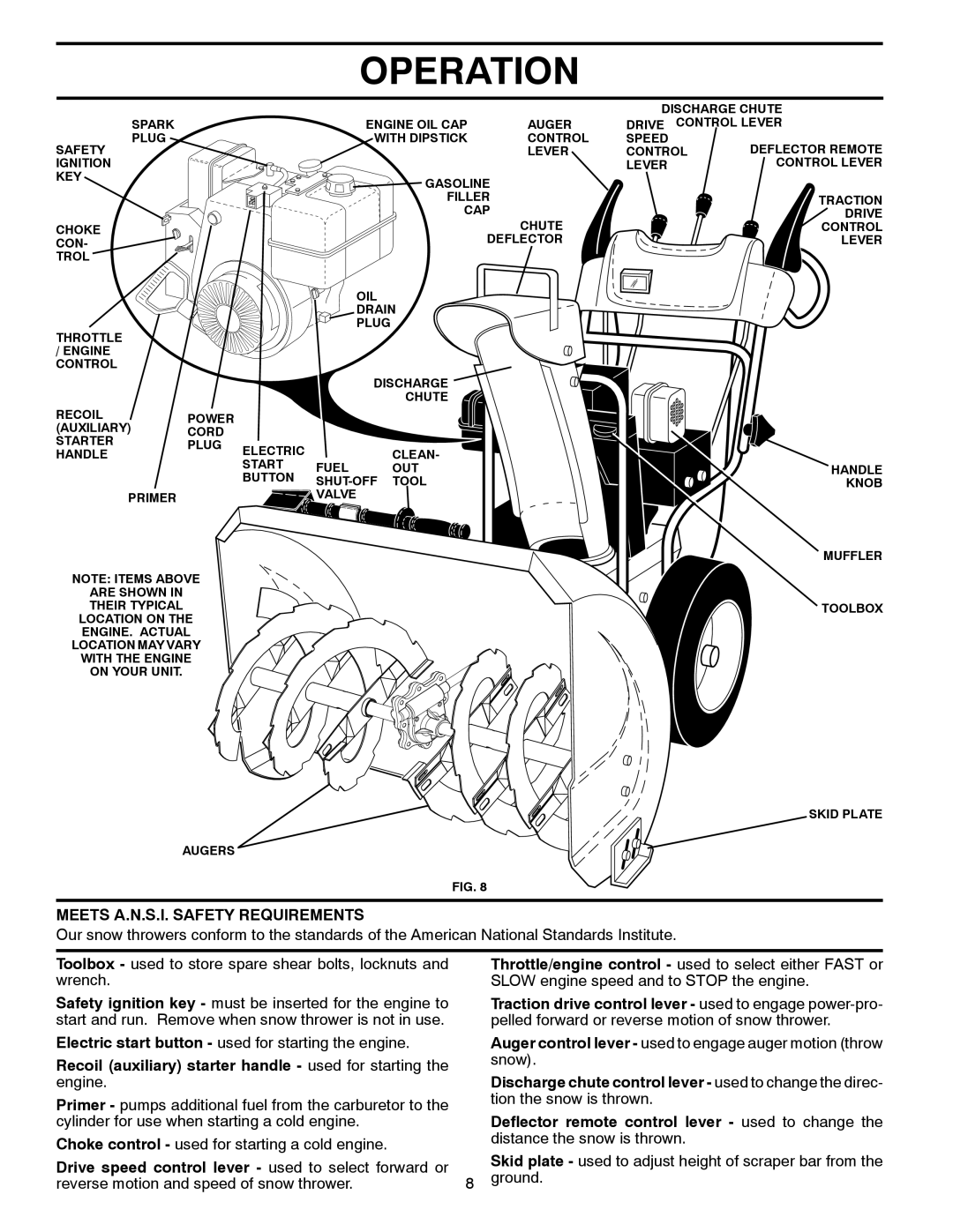 Poulan 421469 owner manual Meets A.N.S.I. Safety Requirements, Recoil auxiliary starter handle used for starting the engine 