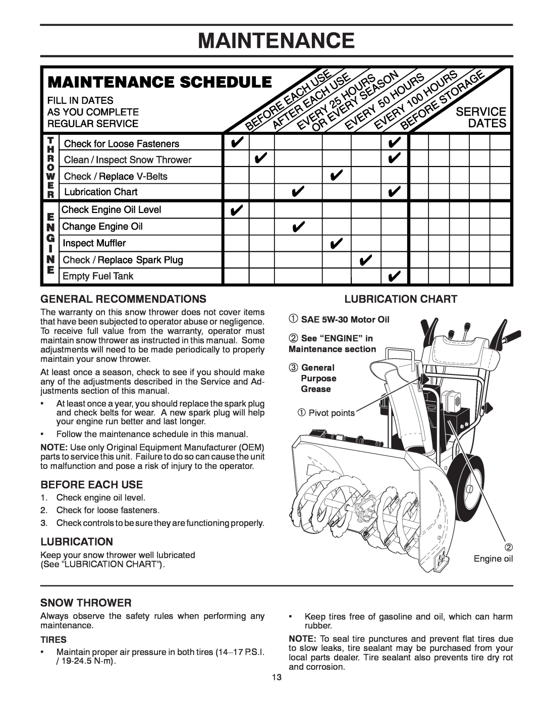 Poulan 421602 Maintenance, General Recommendations, Before Each Use, Snow Thrower, Lubrication Chart, Purpose Grease 