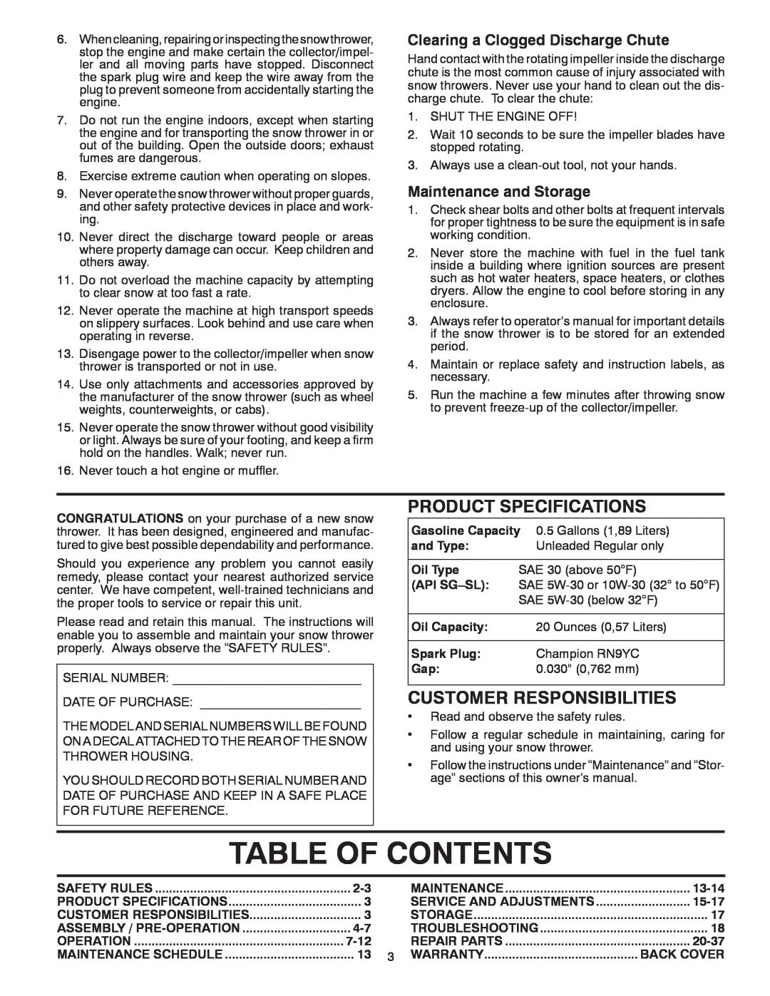 Poulan 421602 Table Of Contents, Product Specifications, Customer Responsibilities, Clearing a Clogged Discharge Chute 