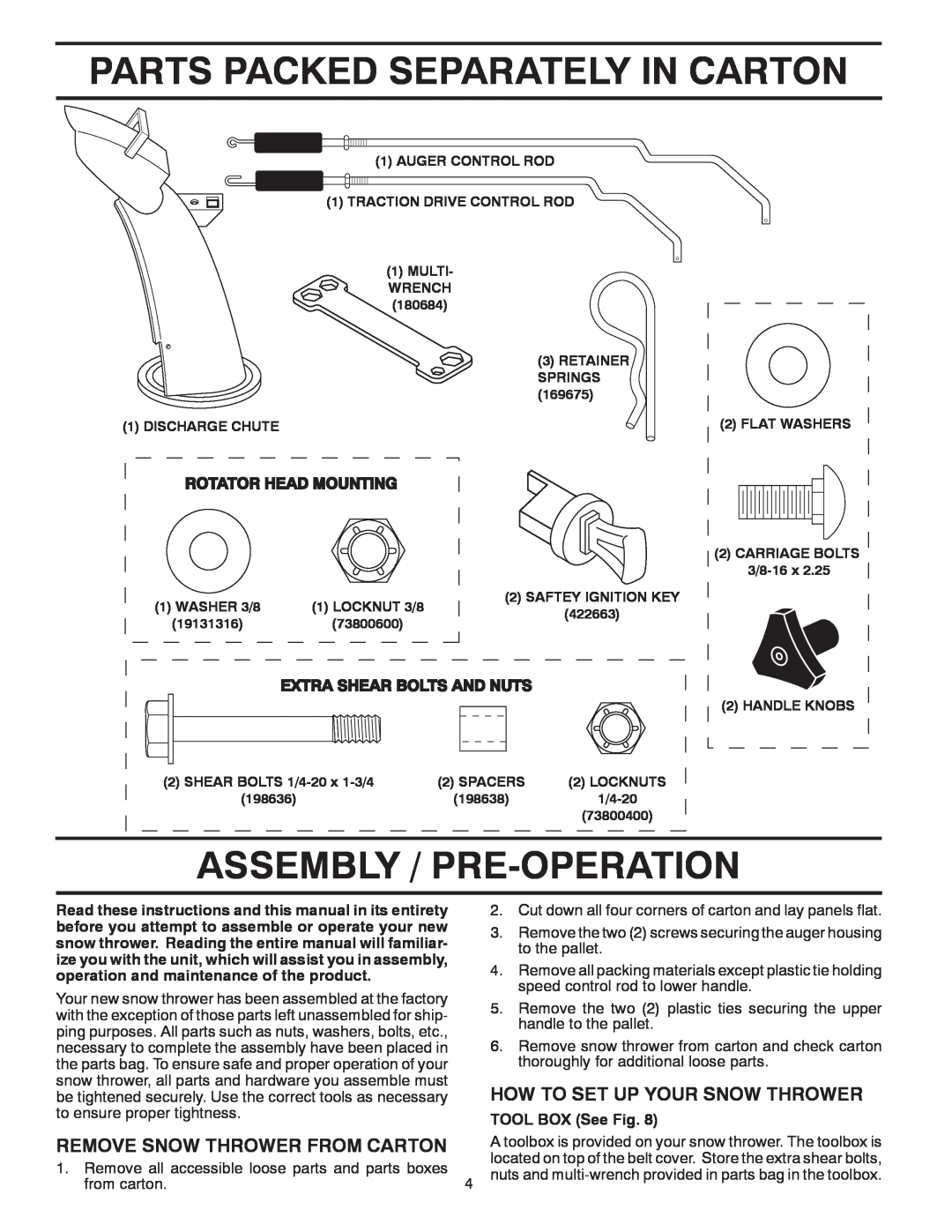 Poulan 421602 owner manual Parts Packed Separately In Carton, Assembly / Pre-Operation, How To Set Up Your Snow Thrower 