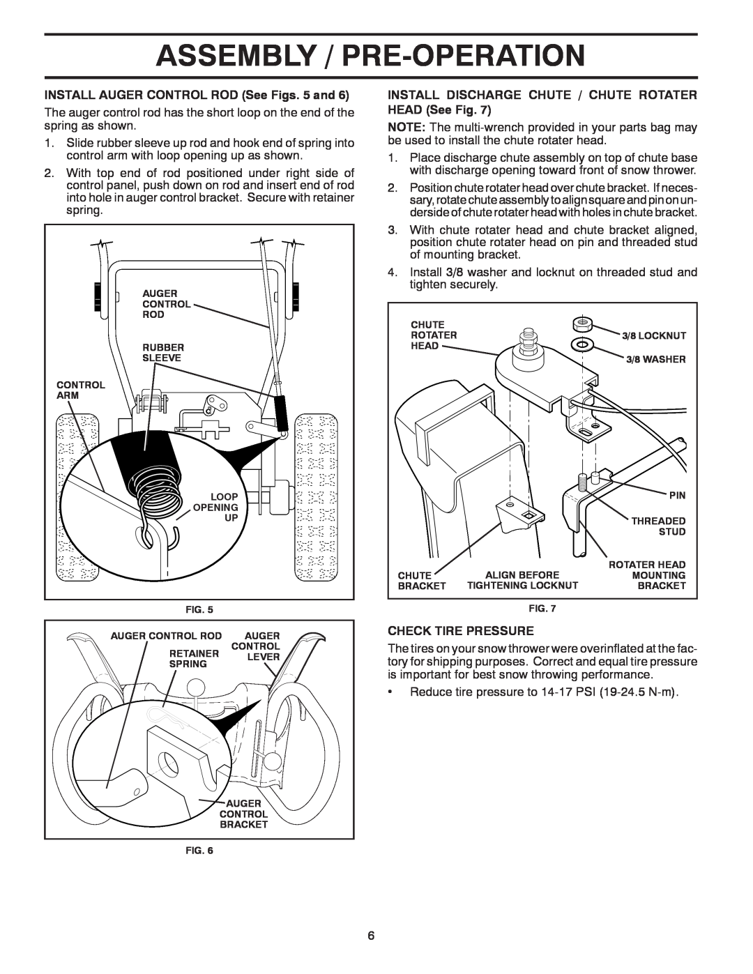 Poulan 421602 owner manual Assembly / Pre-Operation, INSTALL AUGER CONTROL ROD See Figs. 5 and, Check Tire Pressure 