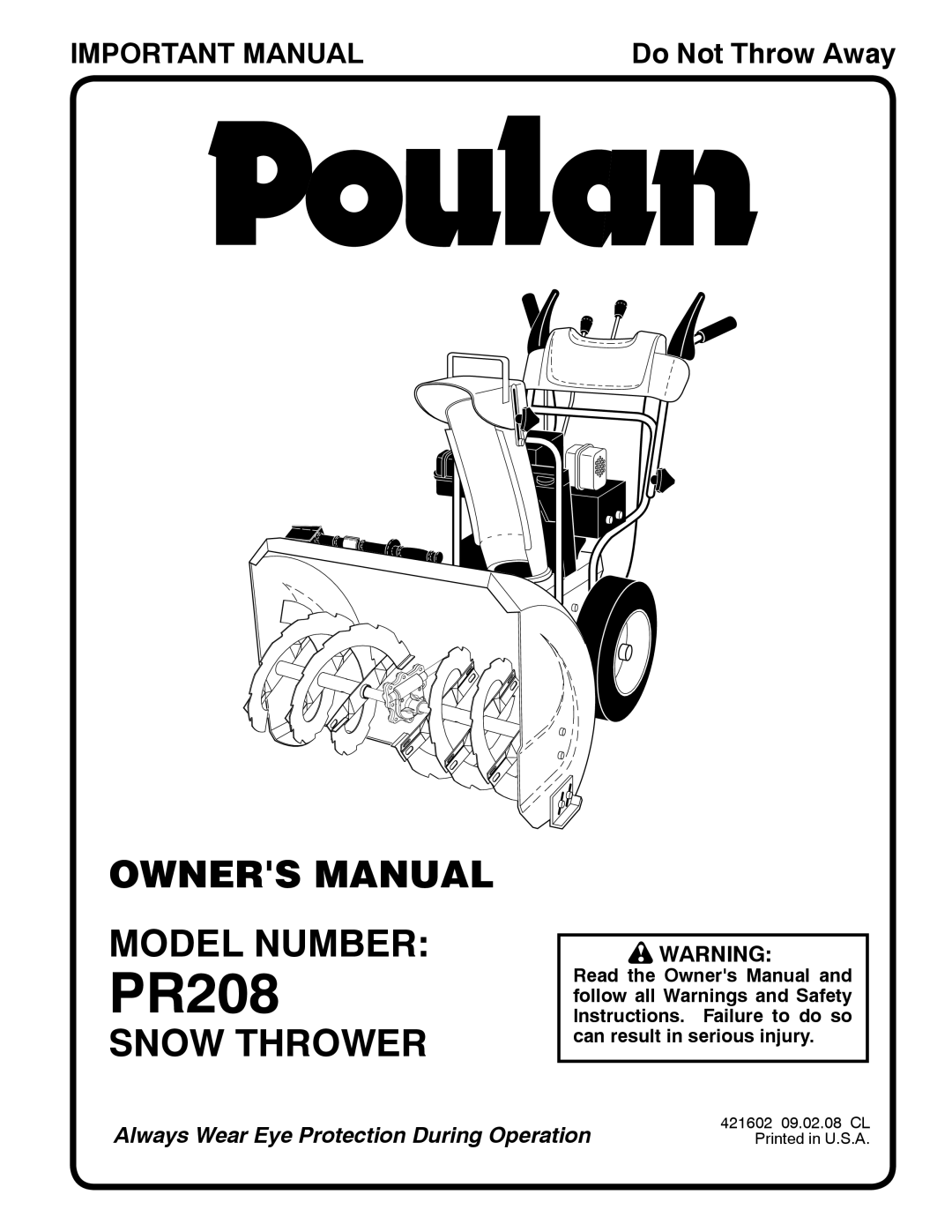 Poulan 421602 owner manual Model Number, Snow Thrower 