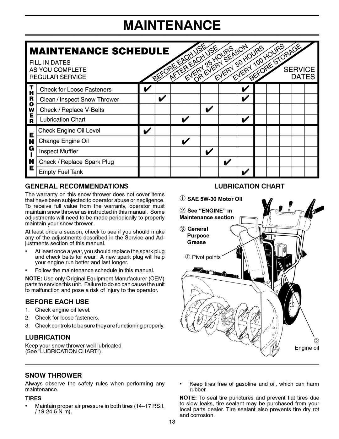 Poulan 421602 owner manual Maintenance, General Recommendations, Before Each USE, Lubrication, Snow Thrower 