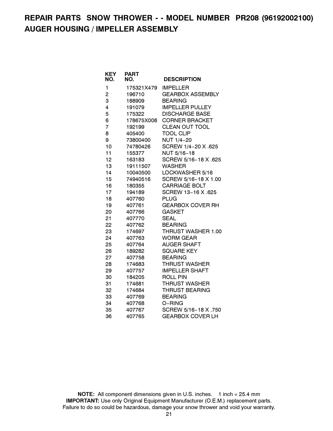 Poulan 421602 owner manual KEY Part Description 