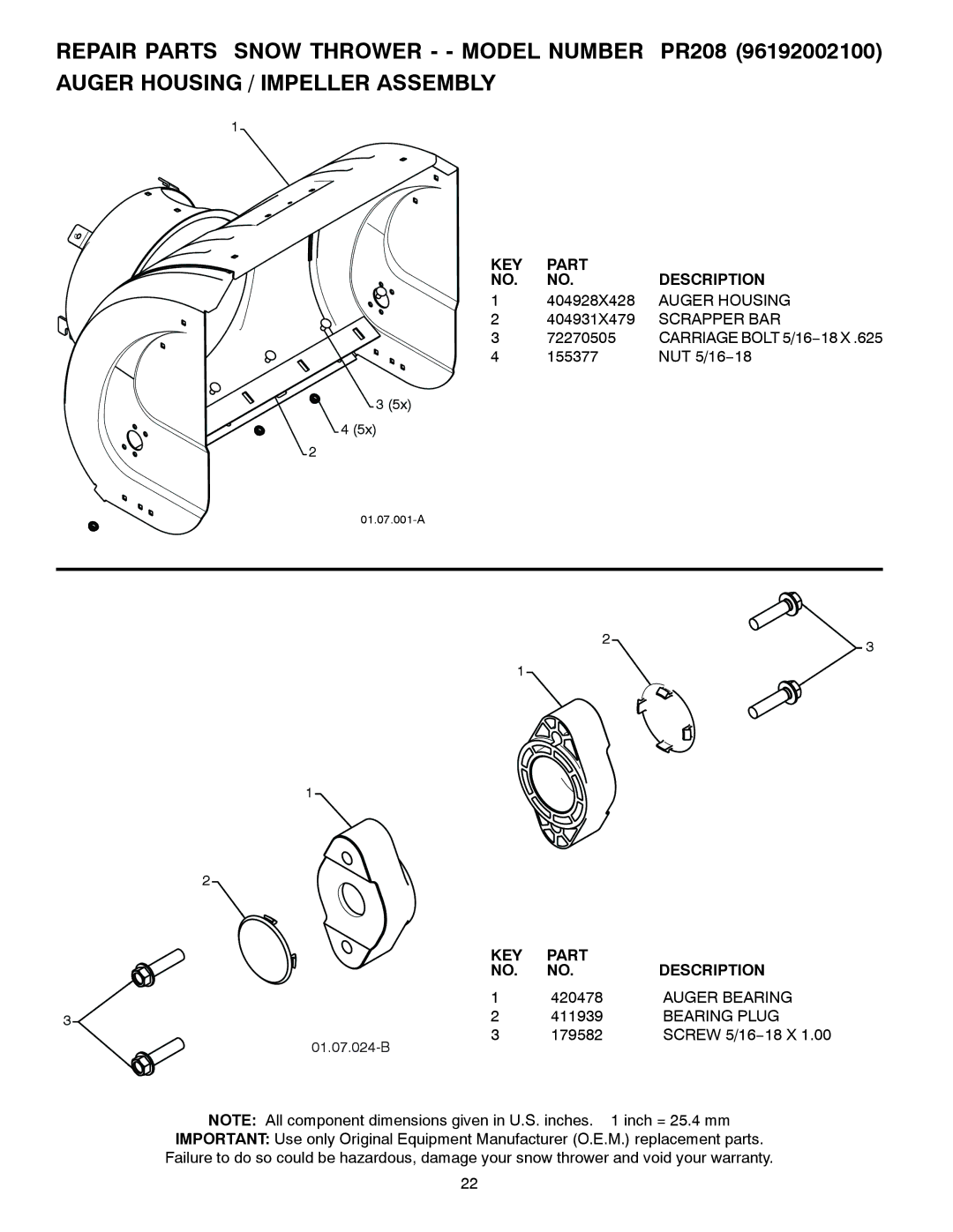 Poulan 421602 owner manual Auger Housing, Scrapper BAR, Auger Bearing, Bearing Plug 