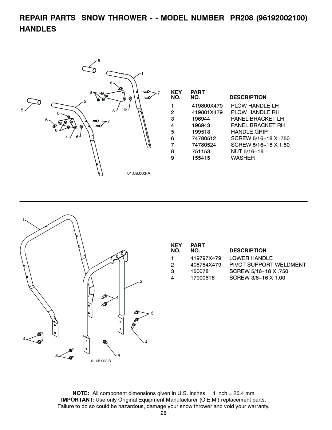 Poulan 421602 Repair Parts Snow Thrower - Model Number PR208 Handles, Panel Bracket LH Panel Bracket RH, Handle Grip 