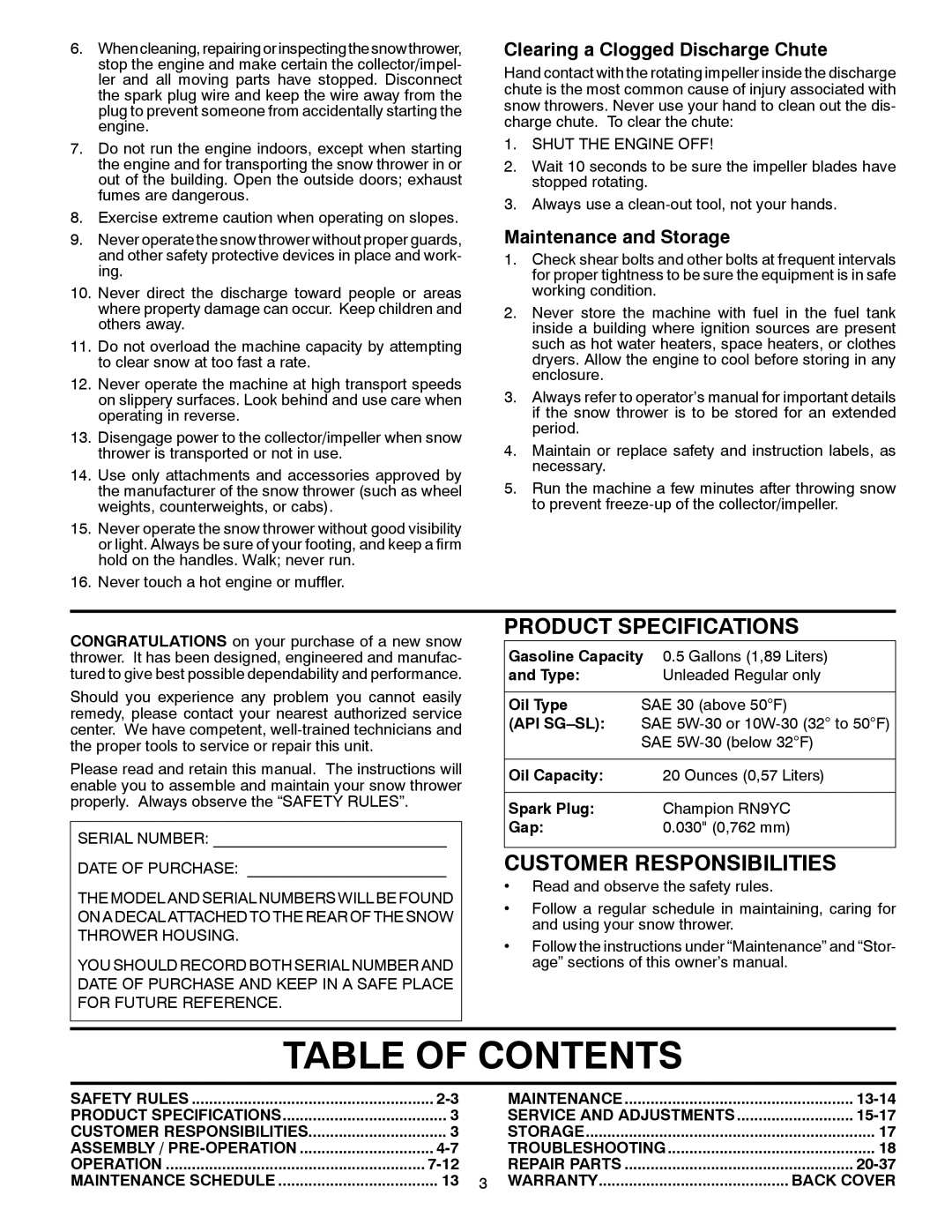 Poulan 421602 owner manual Table of Contents 