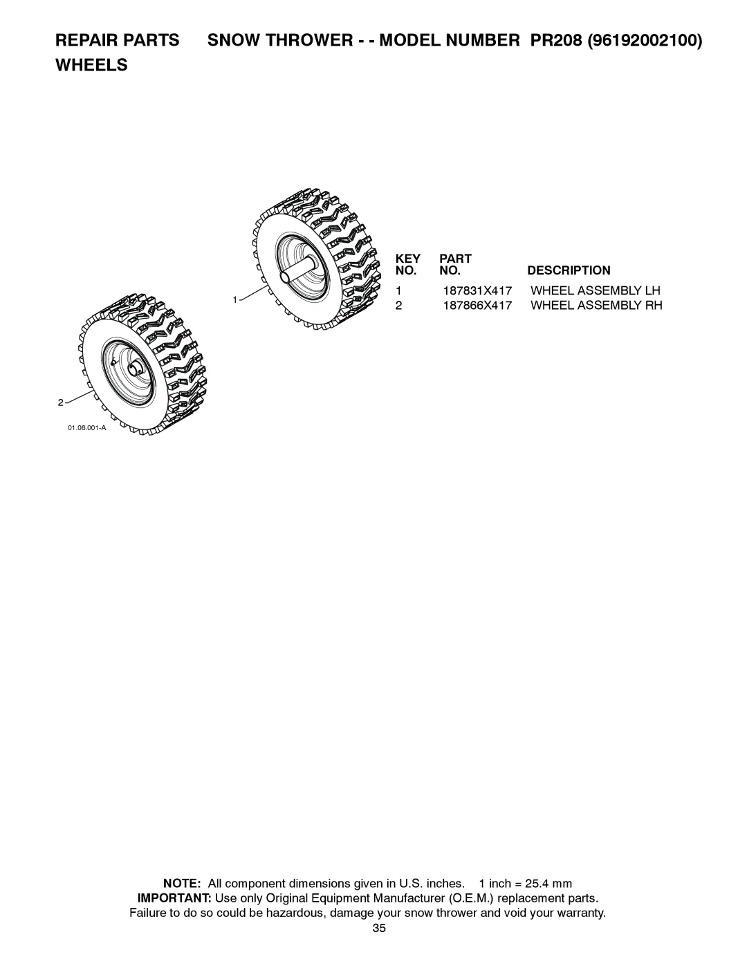 Poulan 421602 owner manual Repair Parts Snow Thrower - Model Number PR208 Wheels, 187831X417, Wheel Assembly LH, 187866X417 