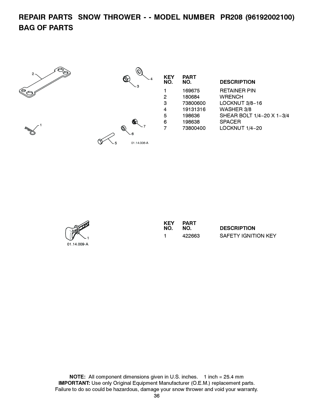 Poulan 421602 owner manual Repair Parts Snow Thrower - Model Number PR208 BAG of Parts, Retainer PIN, Wrench, 422663 