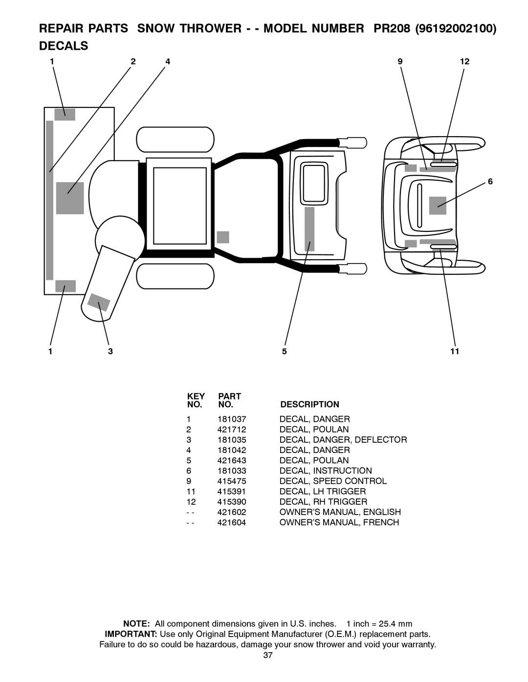 Poulan 421602 owner manual Repair Parts Snow Thrower - Model Number PR208 Decals 