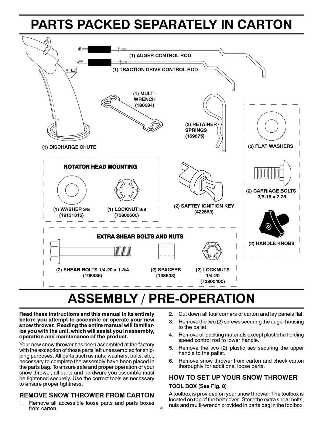 Poulan 421602 owner manual Parts Packed Separately in Carton, Assembly / PRE-OPERATION, HOW to SET UP Your Snow Thrower 