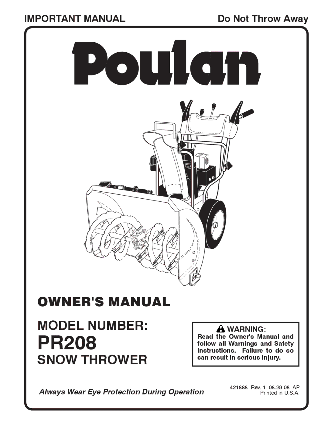 Poulan 421888 owner manual Model Number, Snow Thrower 