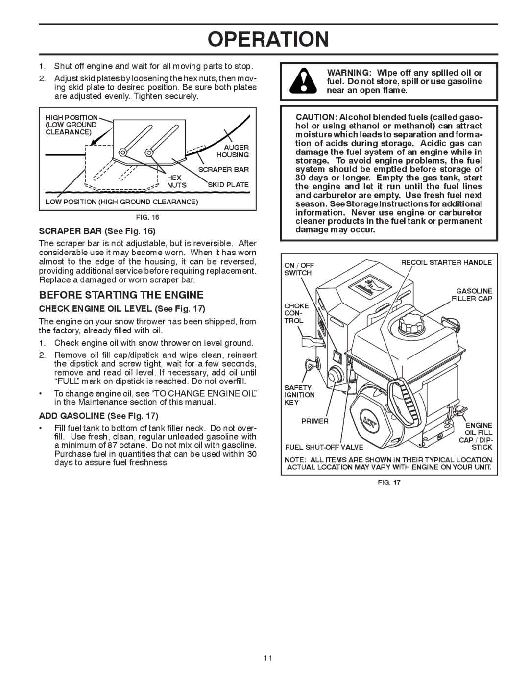 Poulan 421888 Before Starting the Engine, Scraper BAR See Fig, Check Engine OIL Level See Fig, ADD Gasoline See Fig 