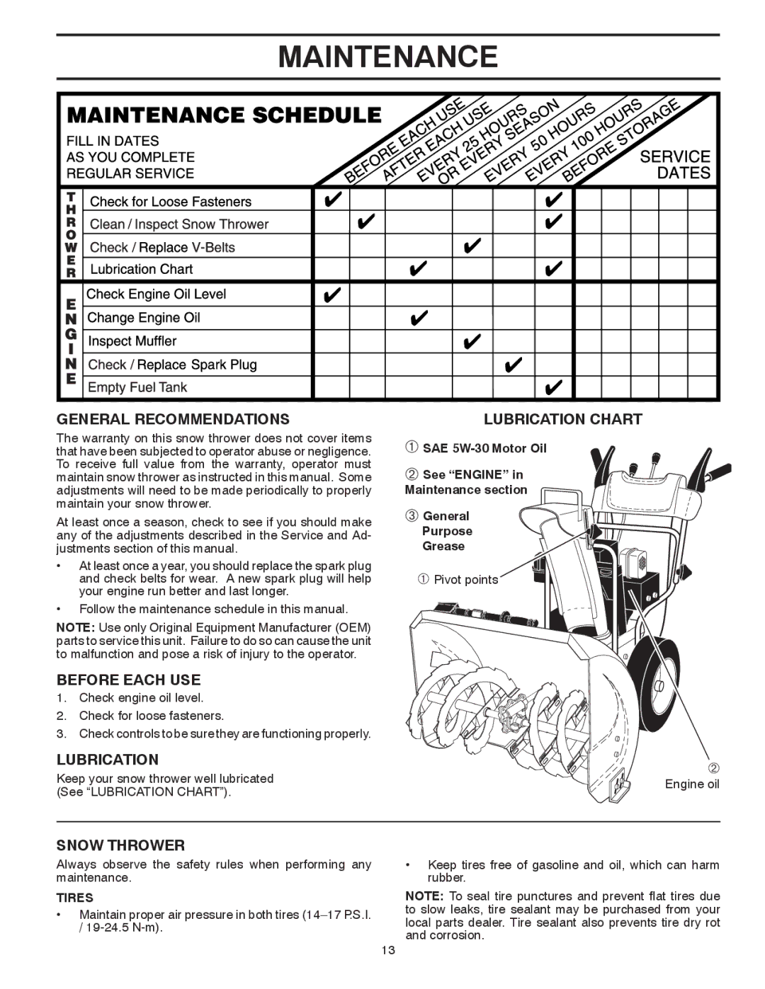 Poulan 421888 owner manual Maintenance, General Recommendations, Before Each USE, Lubrication, Snow Thrower 