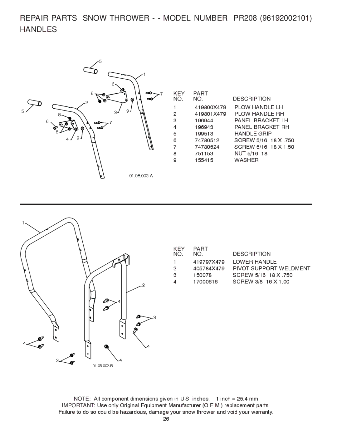 Poulan 421888 Repair Parts Snow Thrower - Model Number PR208 Handles, Panel Bracket LH Panel Bracket RH, Handle Grip 