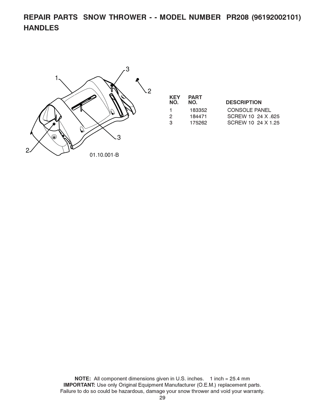 Poulan 421888 owner manual 01.10.001-B, Console Panel 