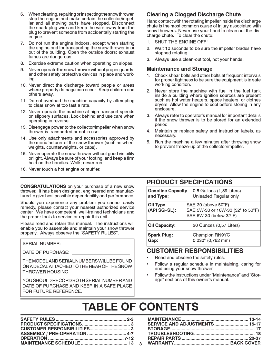 Poulan 421888 owner manual Table of Contents 