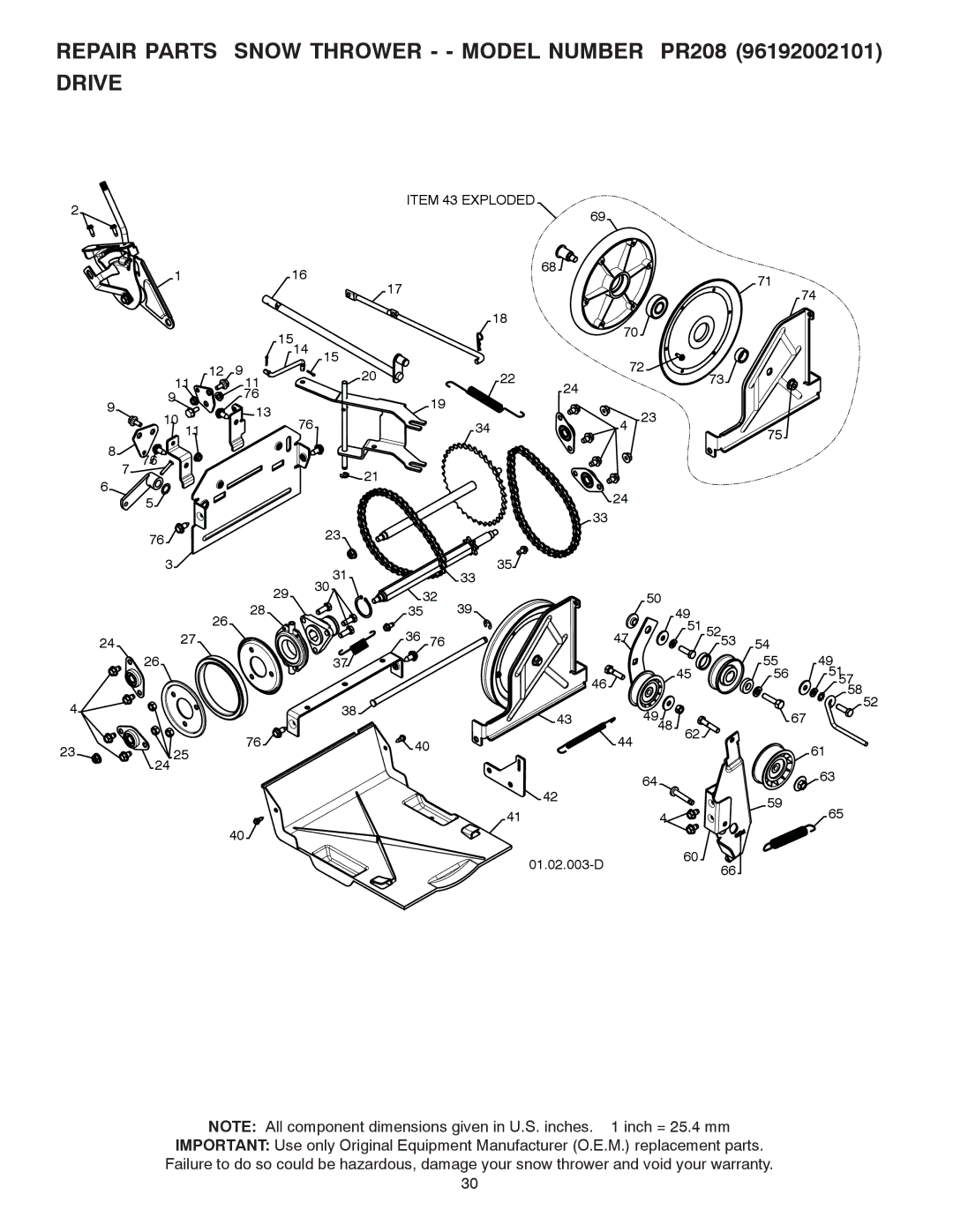 Poulan 421888 owner manual Repair Parts Snow Thrower - Model Number PR208 Drive 