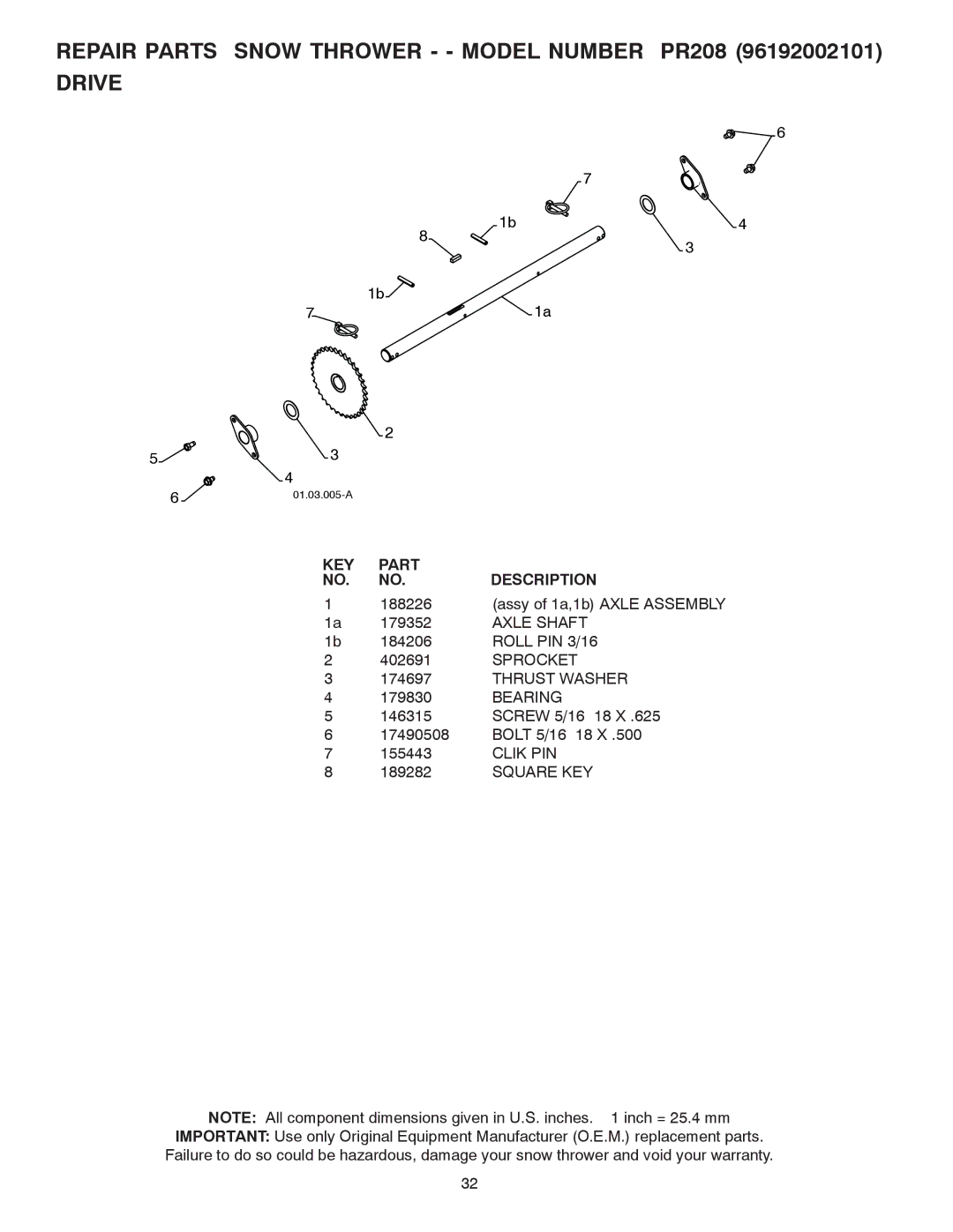 Poulan 421888 owner manual Axle Shaft, Roll PIN 3/16, Sprocket, Clik PIN 