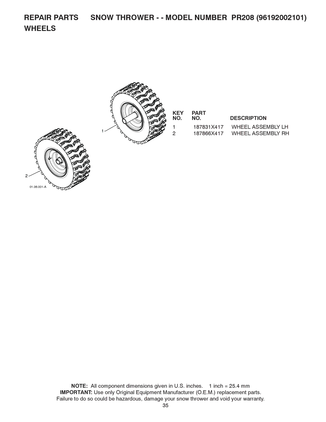 Poulan 421888 owner manual Repair Parts Snow Thrower - Model Number PR208 Wheels, 187831X417, Wheel Assembly LH, 187866X417 