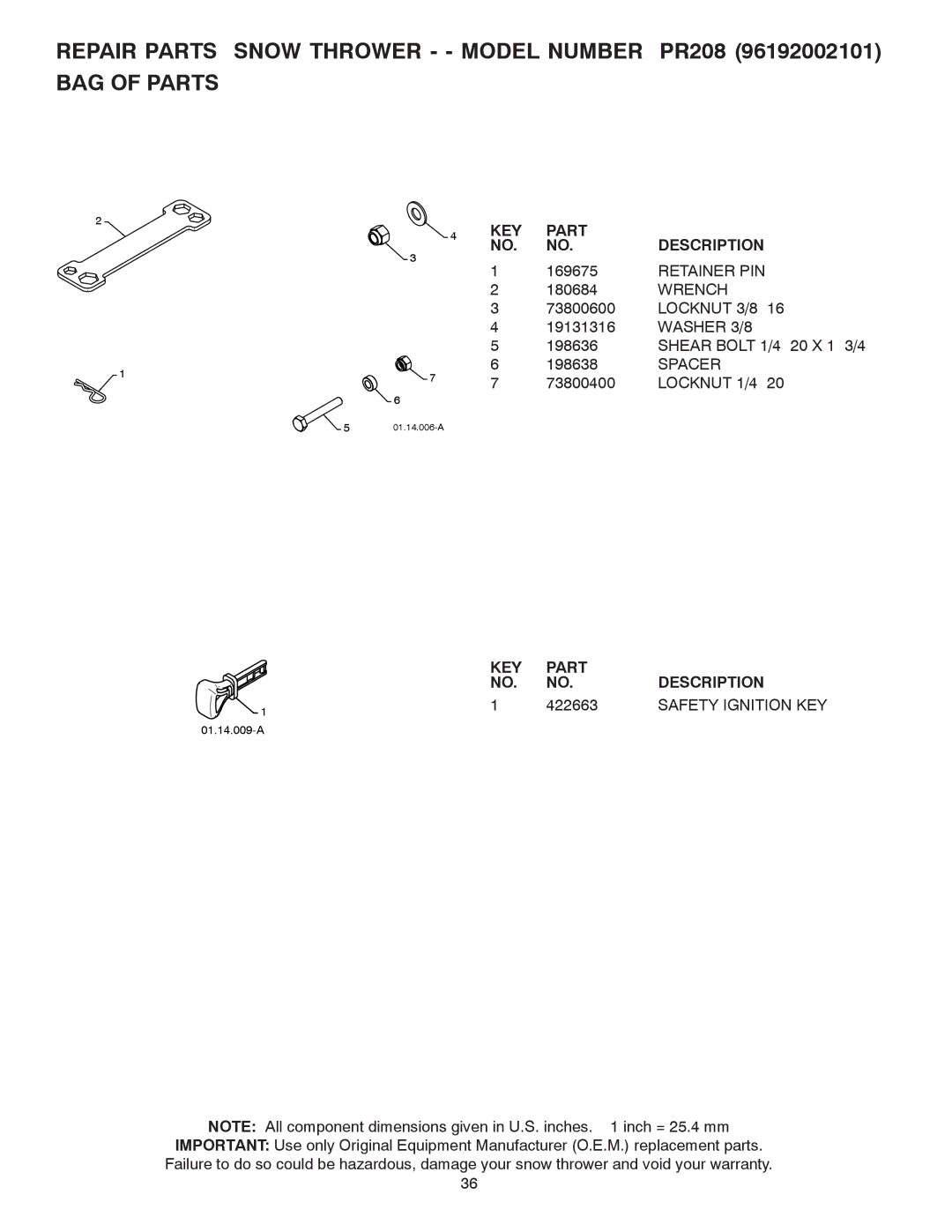 Poulan 421888 owner manual Repair Parts Snow Thrower - Model Number PR208 BAG of Parts, Retainer PIN, Wrench, 422663 