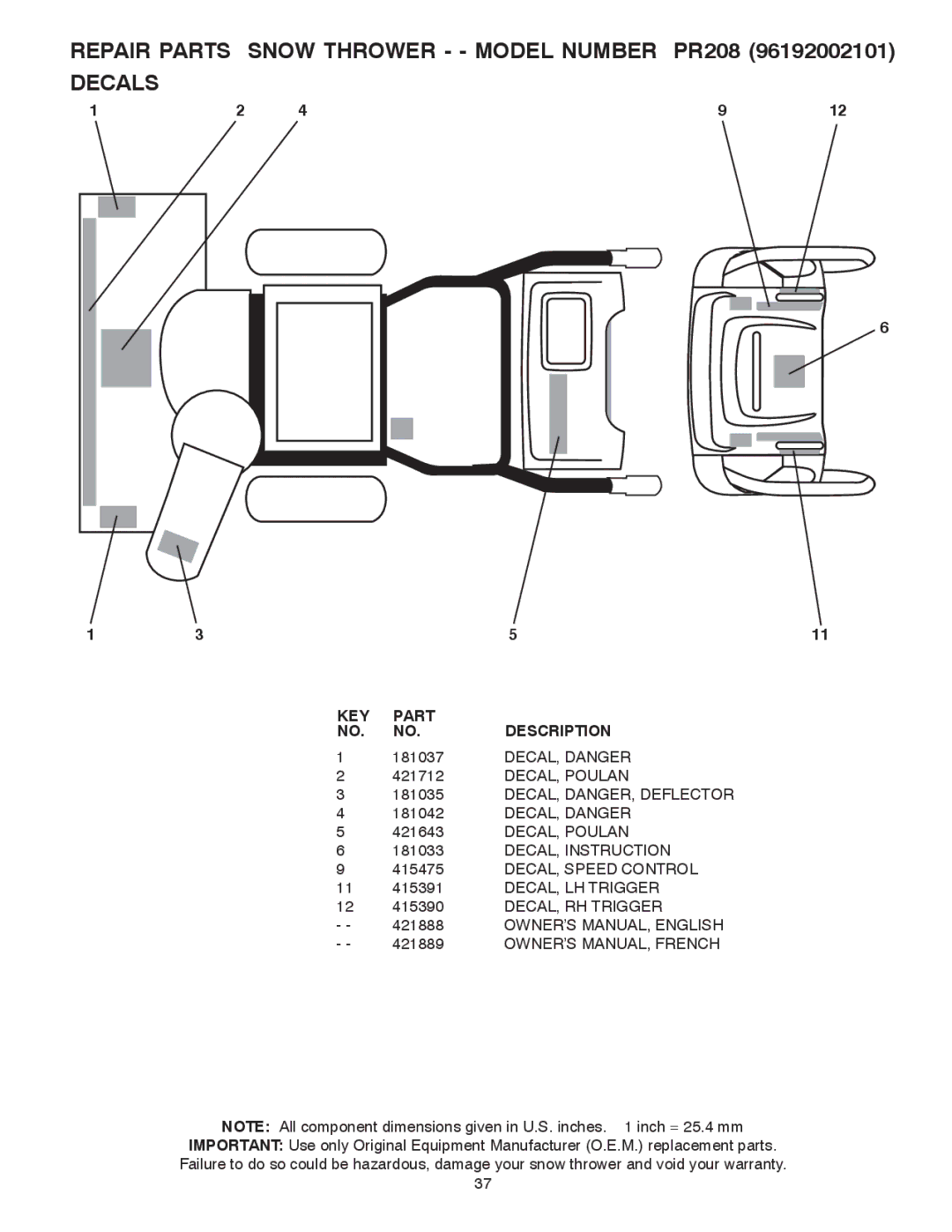 Poulan 421888 owner manual Repair Parts Snow Thrower - Model Number PR208 Decals 