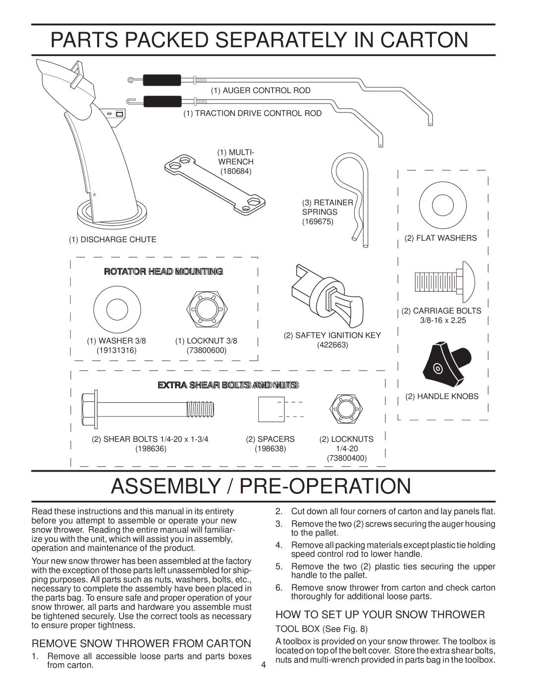 Poulan 421888 owner manual Parts Packed Separately in Carton, Assembly / PRE-OPERATION, HOW to SET UP Your Snow Thrower 