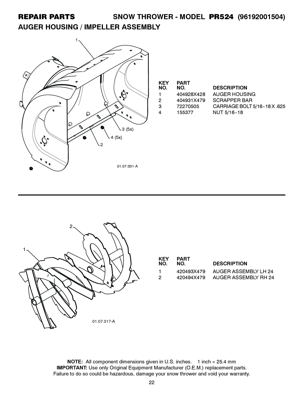 Poulan 421892 owner manual Auger Housing, Scrapper BAR, Auger Assembly LH, Auger Assembly RH 