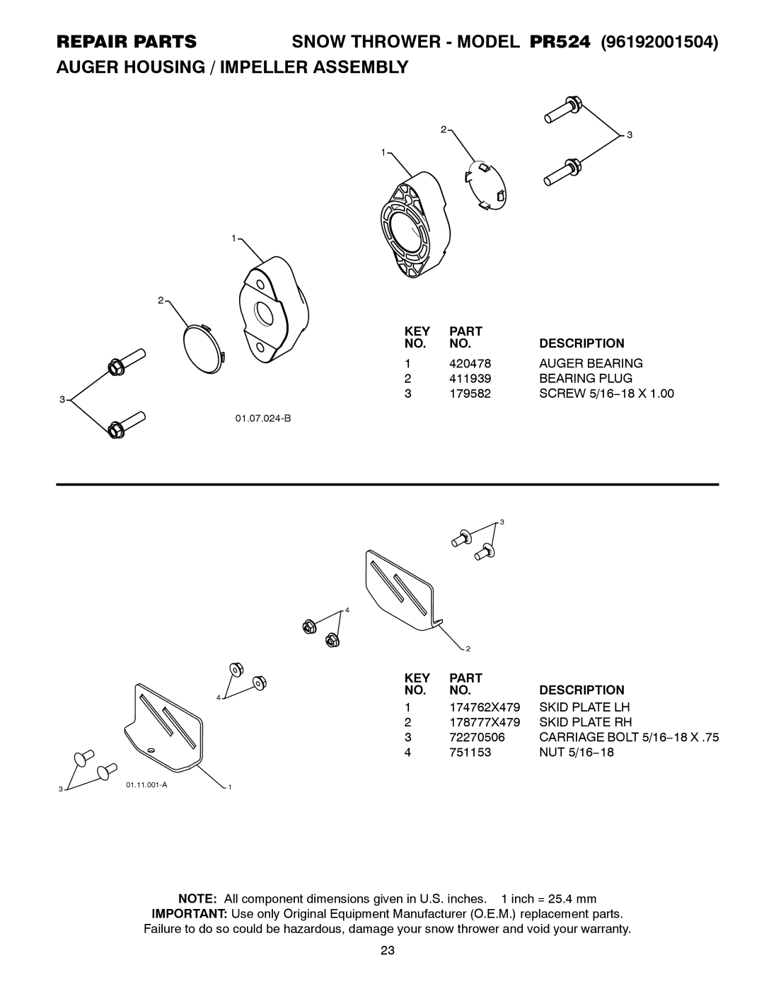 Poulan 421892 owner manual Auger Bearing, Bearing Plug 