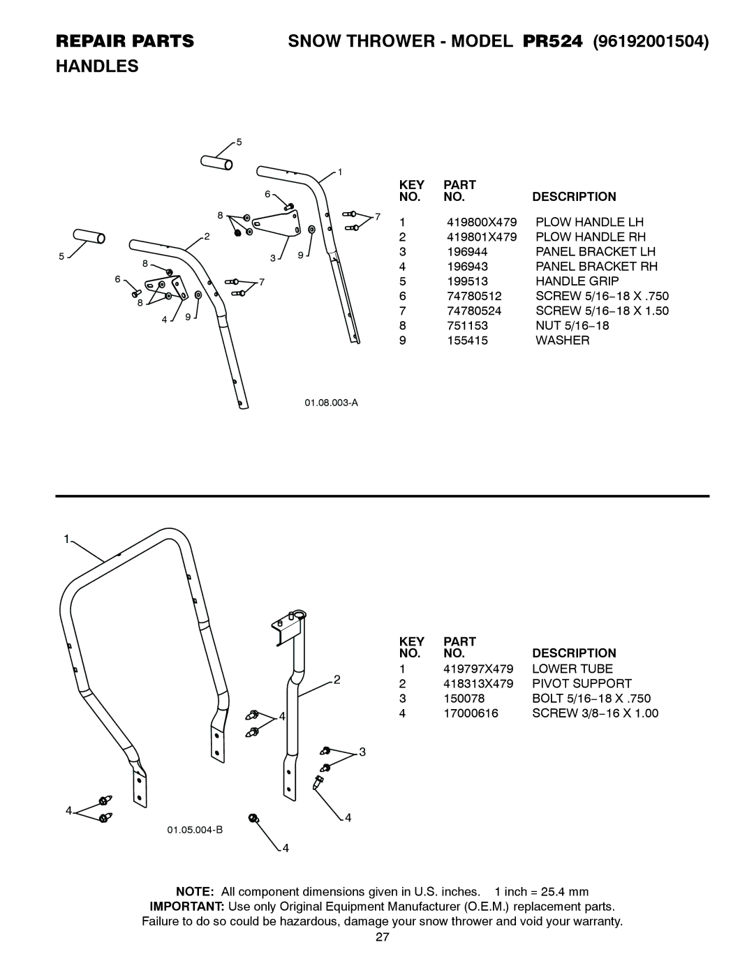 Poulan 421892 owner manual Panel Bracket LH Panel Bracket RH, Handle Grip, Lower Tube, Pivot Support 