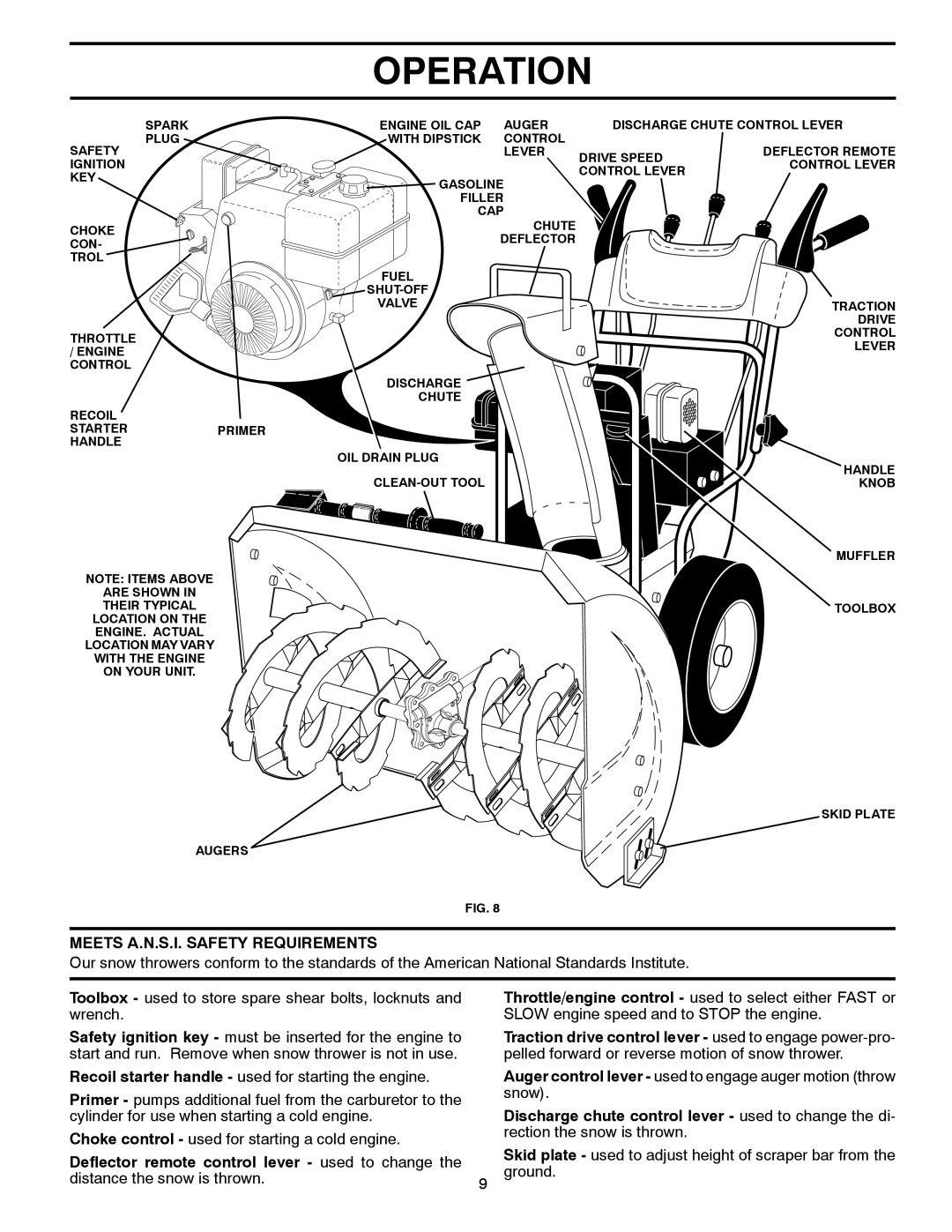 Poulan 421892 owner manual Meets A.N.S.I. Safety Requirements, Discharge chute control lever used to change the di 